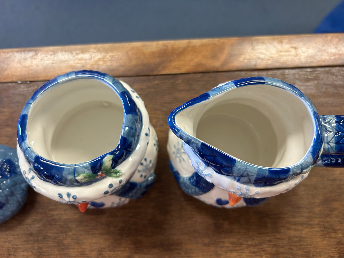 Blue & White Snowman Sugar & Creamer, 5"