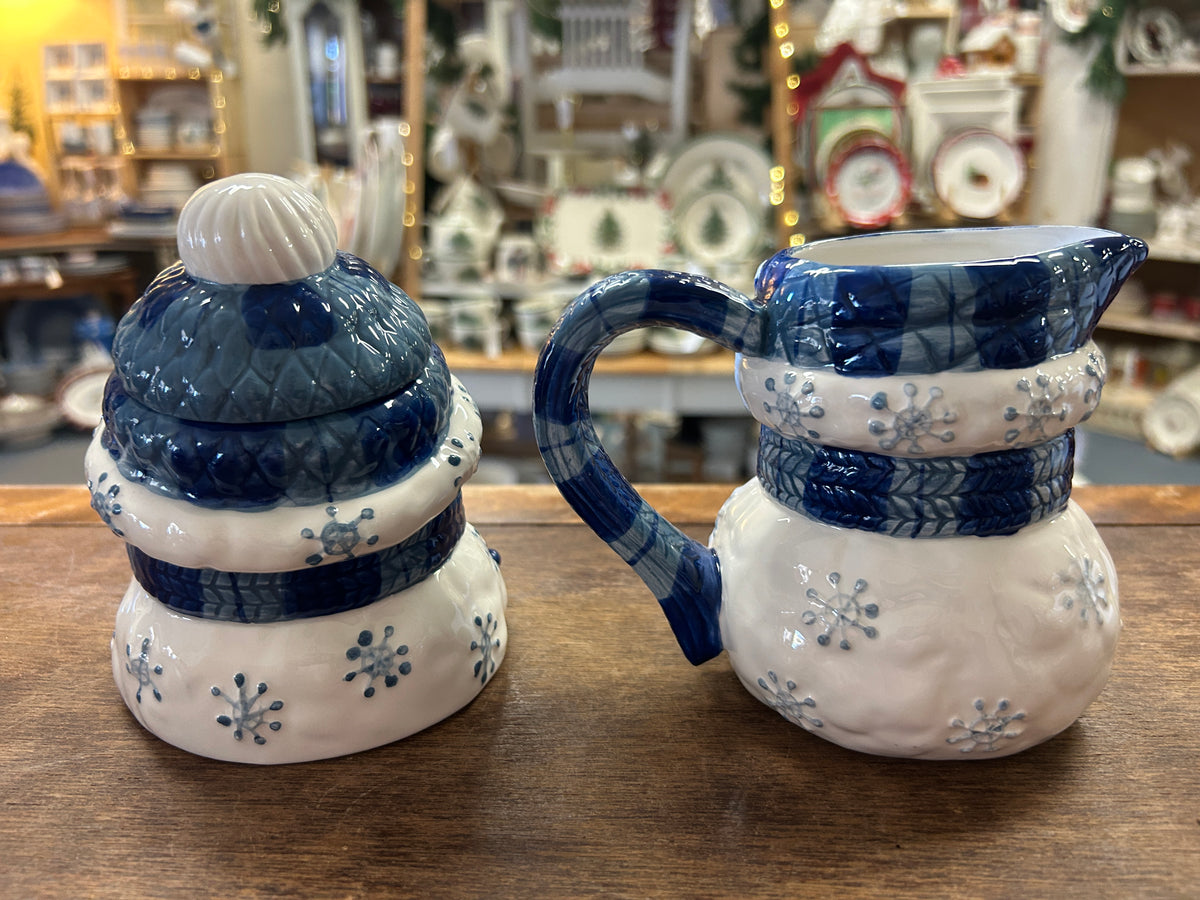 Blue & White Snowman Sugar & Creamer, 5"