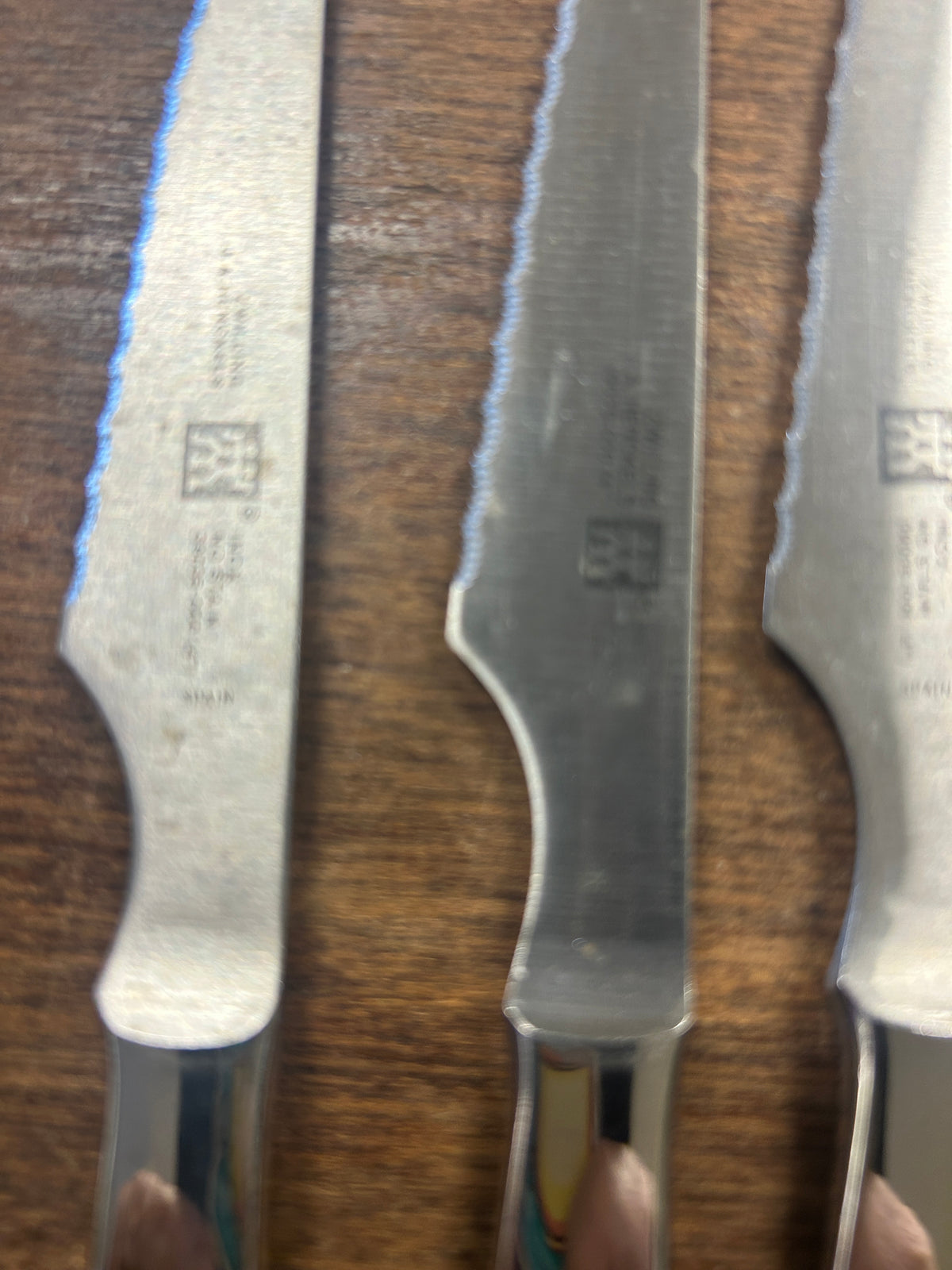 Stainless steak knife blades and handles with stamped logo detail