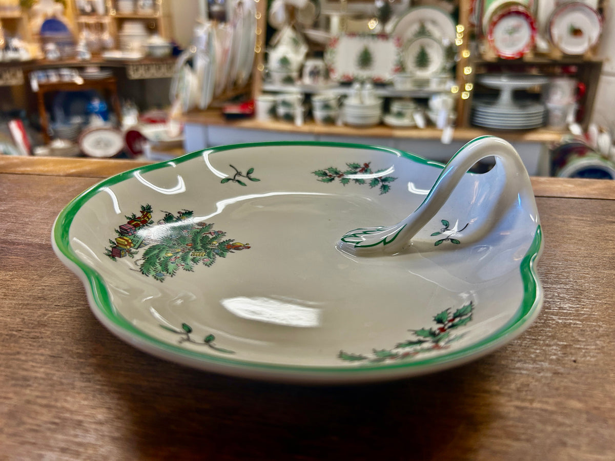 Red Green White Spode Christmas Tree Handle Platter, 8 1/4"