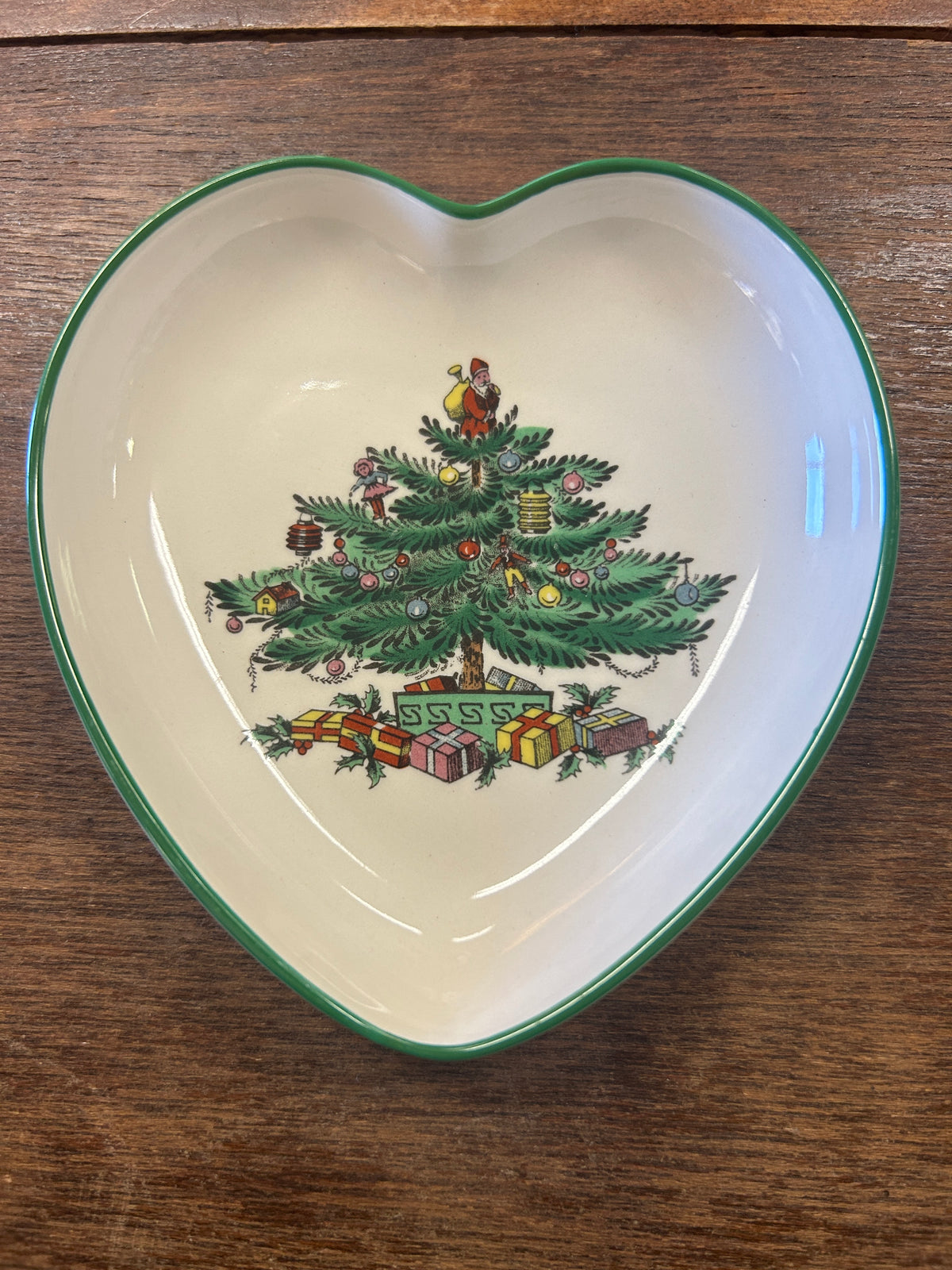 Red Green White Spode Christmas Tree Heart Bowl England, 4 1/4"