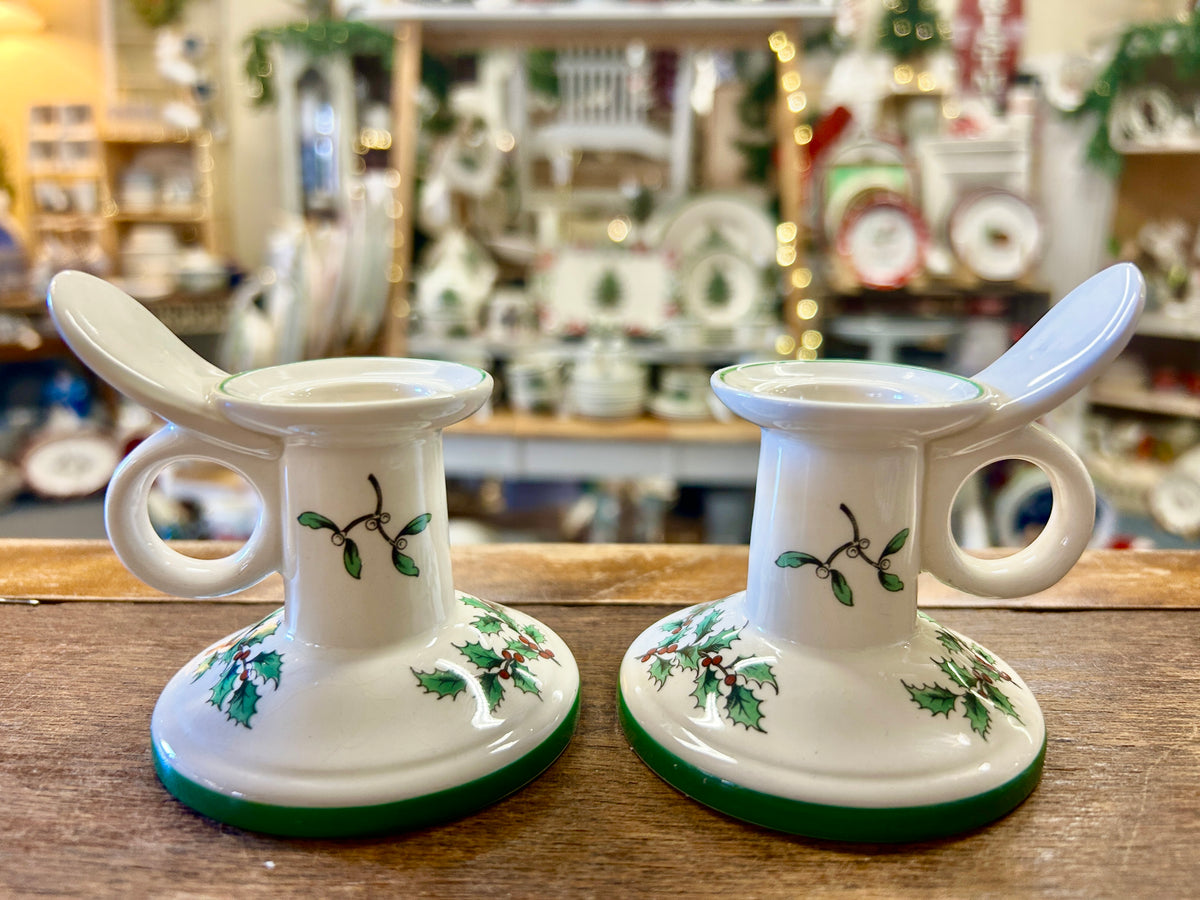 Red Green White Spode Christmas Tree Candleholders 2, 3 1/4"