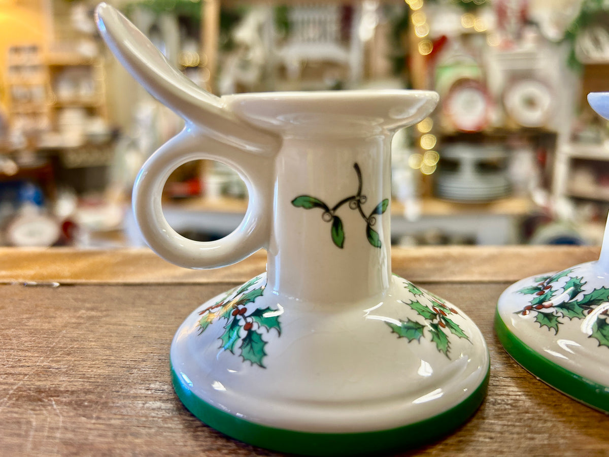 Red Green White Spode Christmas Tree Candleholders 2, 3 1/4"