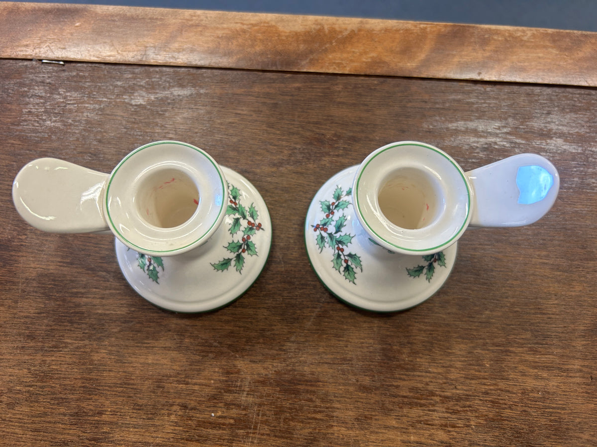 Red Green White Spode Christmas Tree Candleholders 2, 3 1/4"