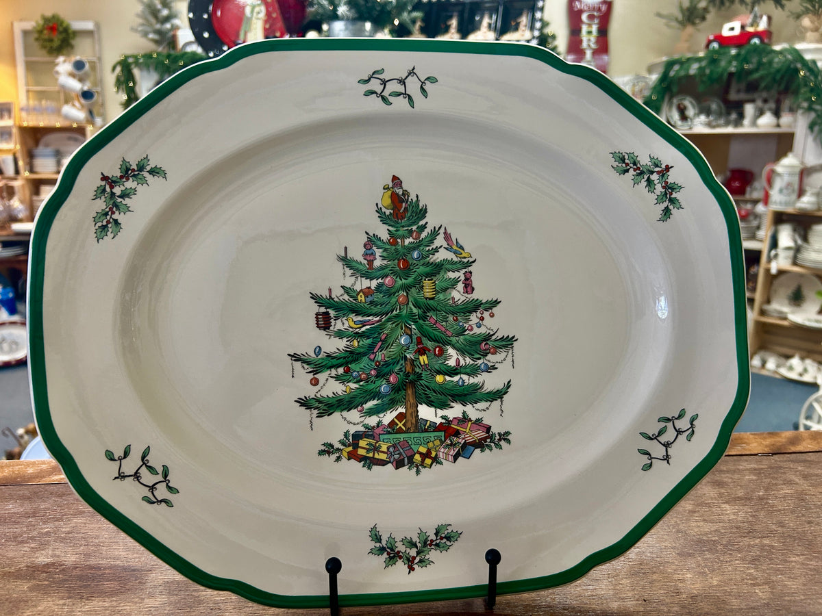 Red Green White Spode Christmas Tree Platter England, 14 3/4"