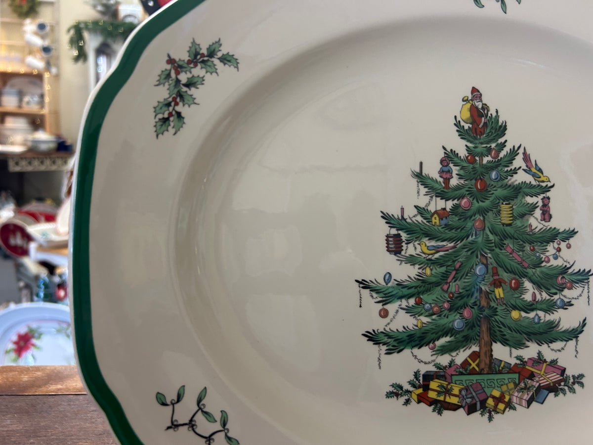 Red Green White Spode Christmas Tree Platter England, 14 3/4"