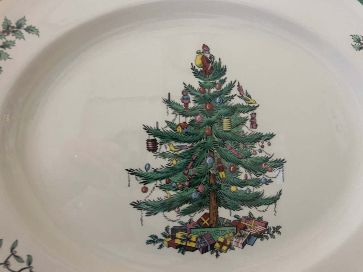 Red Green White Spode Christmas Tree Platter England, 14 3/4"