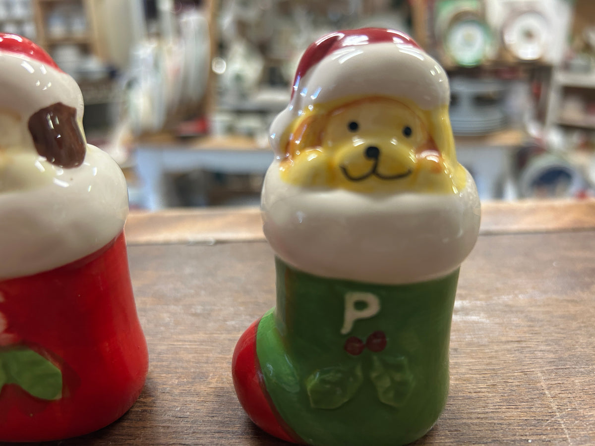 Dog-shaped salt and pepper shaker with Santa hat, green body marked P