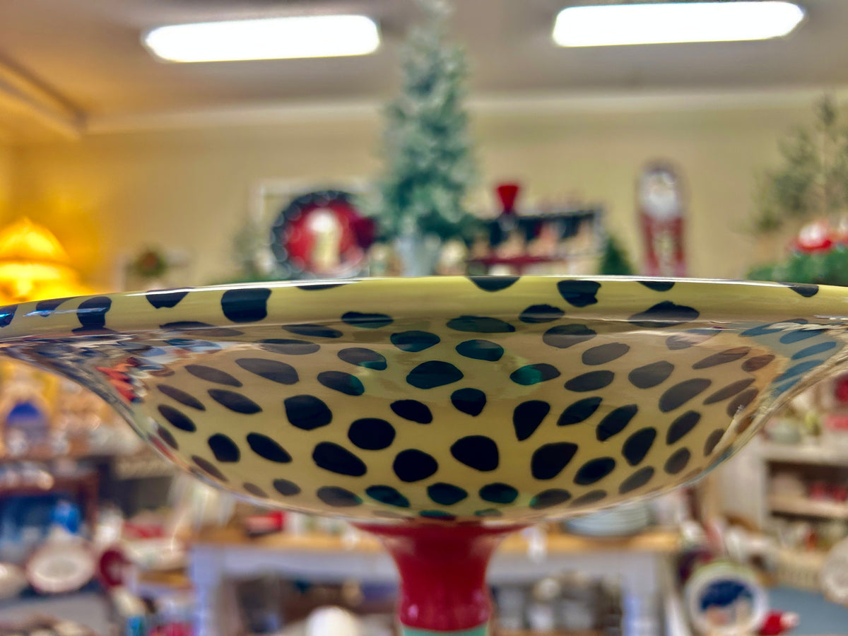 Vegetable bowl pedestal with dark blue dot pattern inside rim