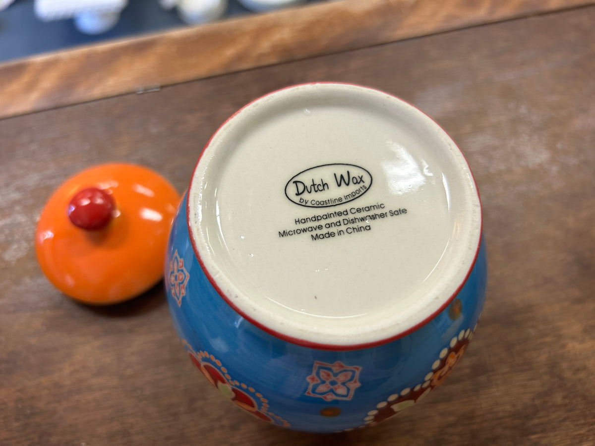 Ceramic sugar bowl base with Dutch Wax stamp; microwave safe, made in China