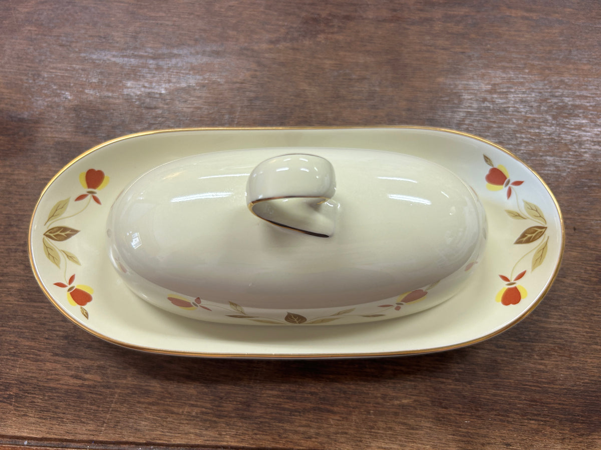 Oval ceramic butter dish with lid knob, autumn leaf and flower pattern with gold trim