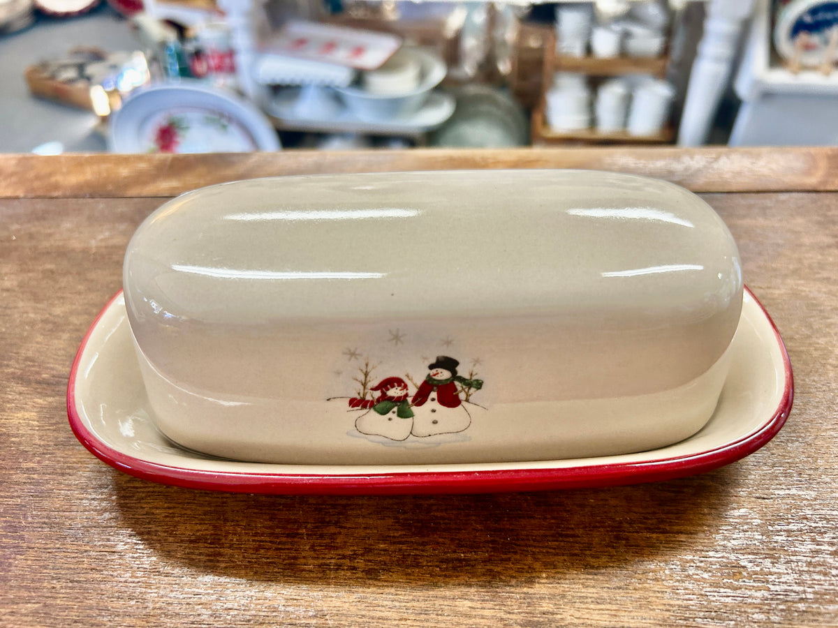 Red Green White Royal Seasons Snowman Butter Dish, 8"