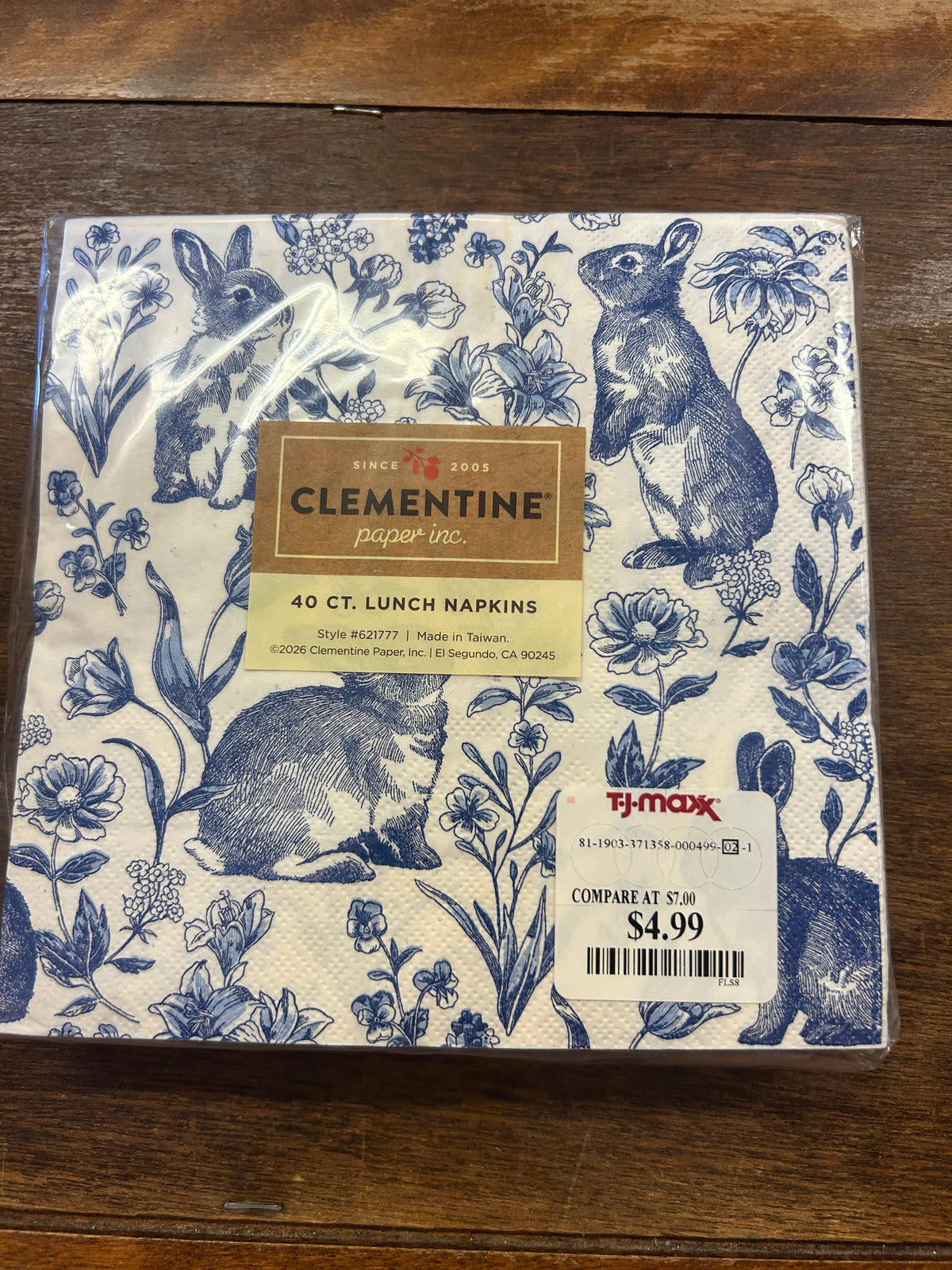 Pack of blue and white Clementine paper napkins with rabbit and floral print, labeled 40 count.