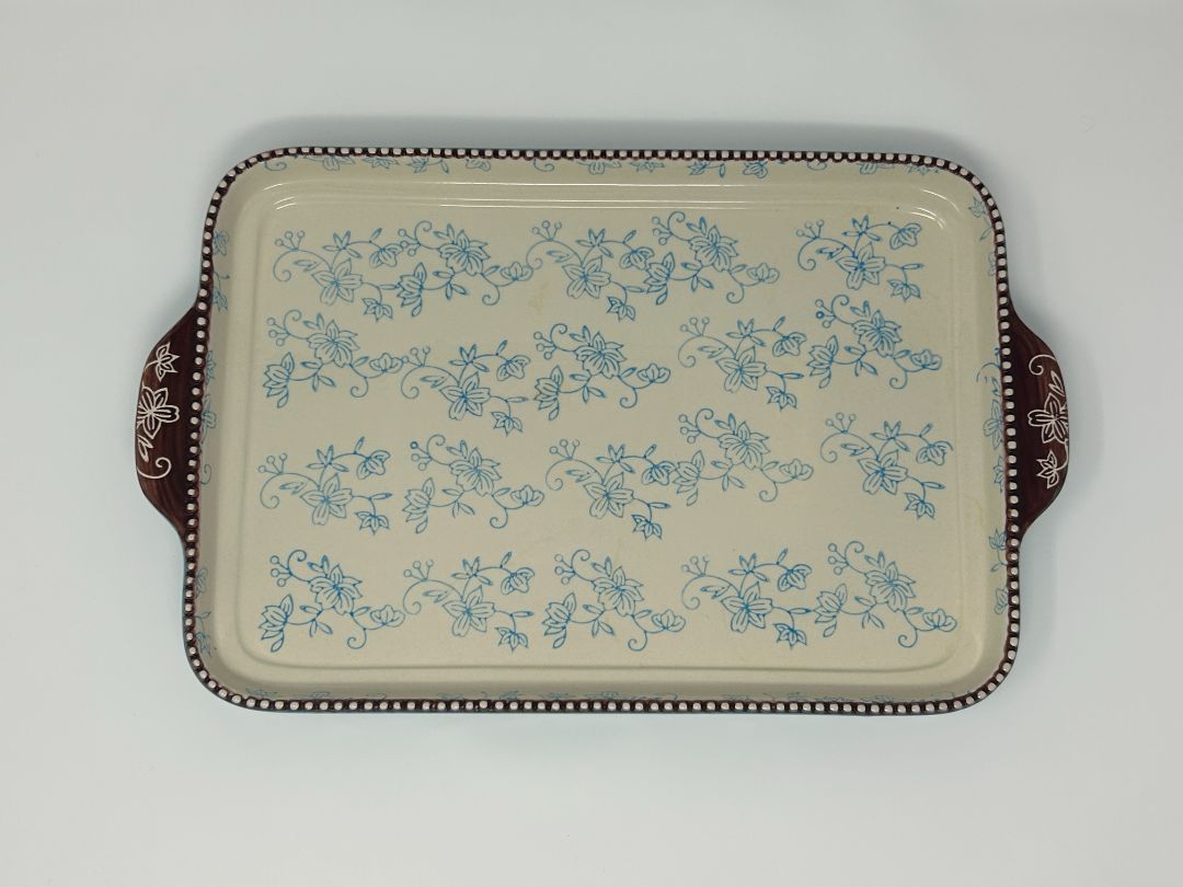 Temptations Floral Lace Blue Rect Platter Handles, 16"