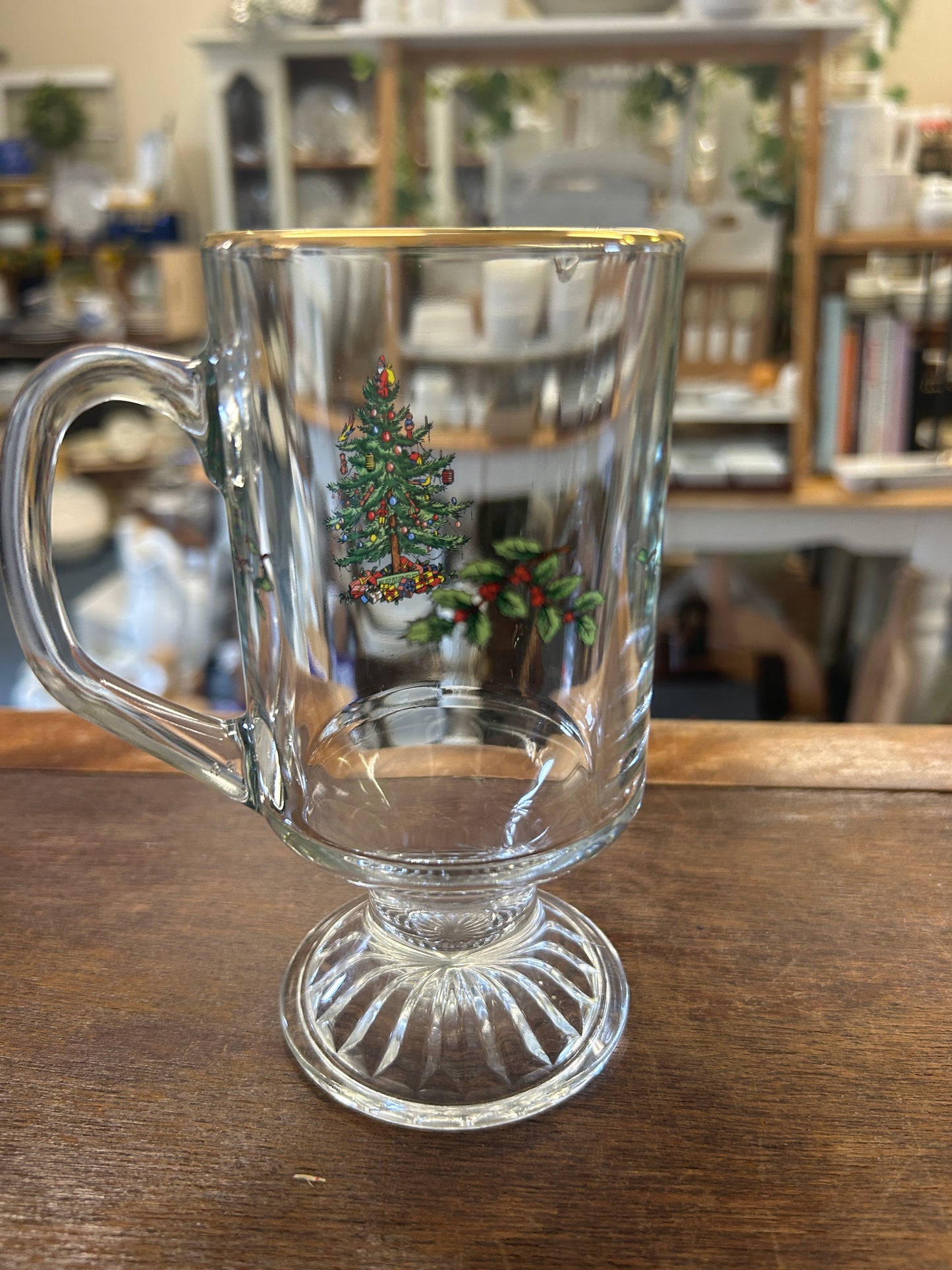 Red Green White Spode Christmas Tree Pedestal Mug, 5 3/4"