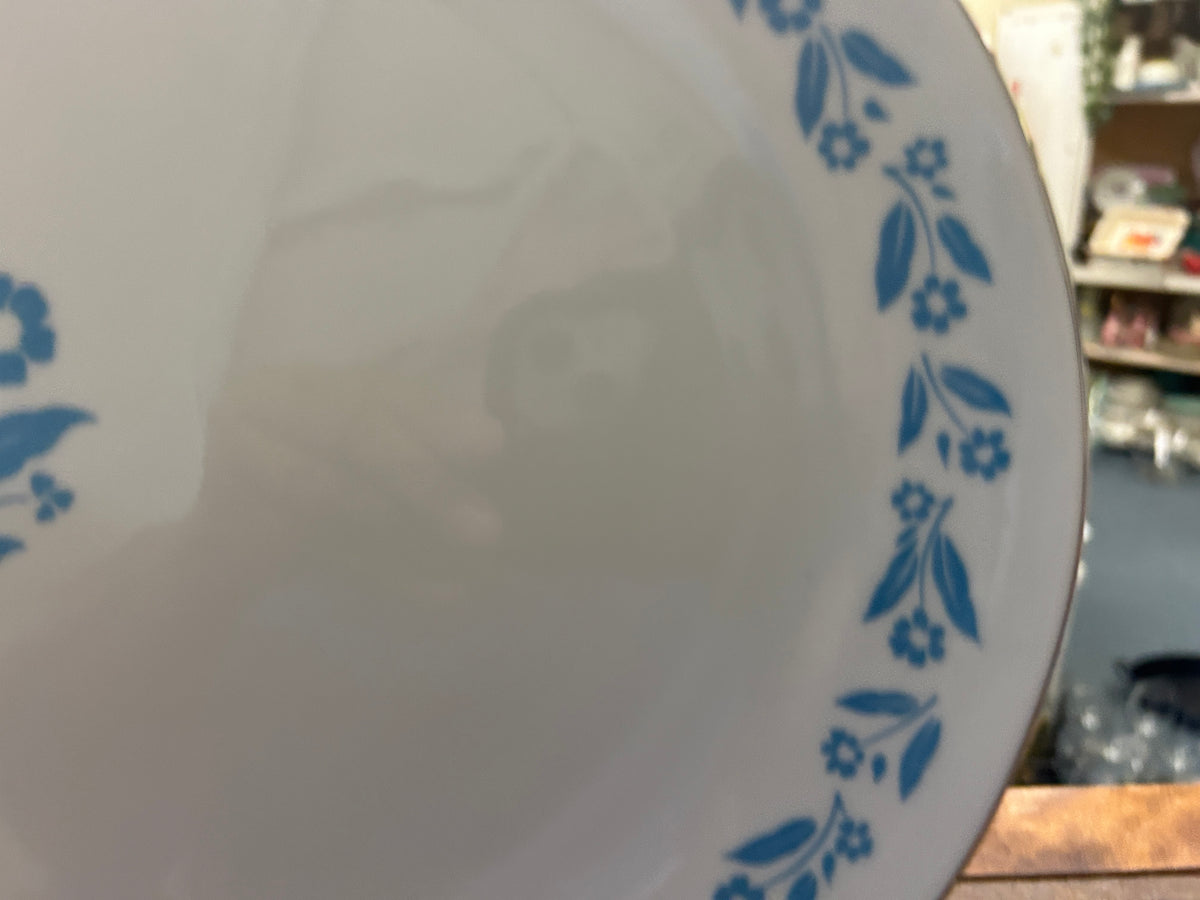 Blue-and-white platter rim detail with blue vines and flowers along edge