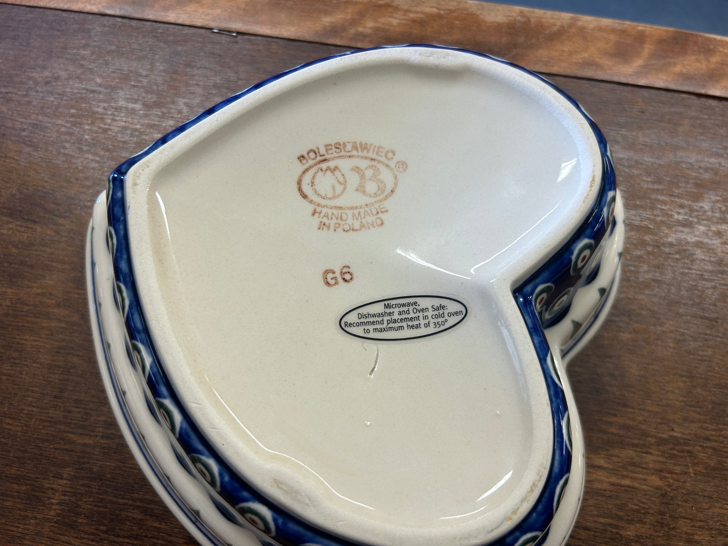 Blue & Green Boleslawiec Polish Pottery Heart Bowl, 8 1/2"