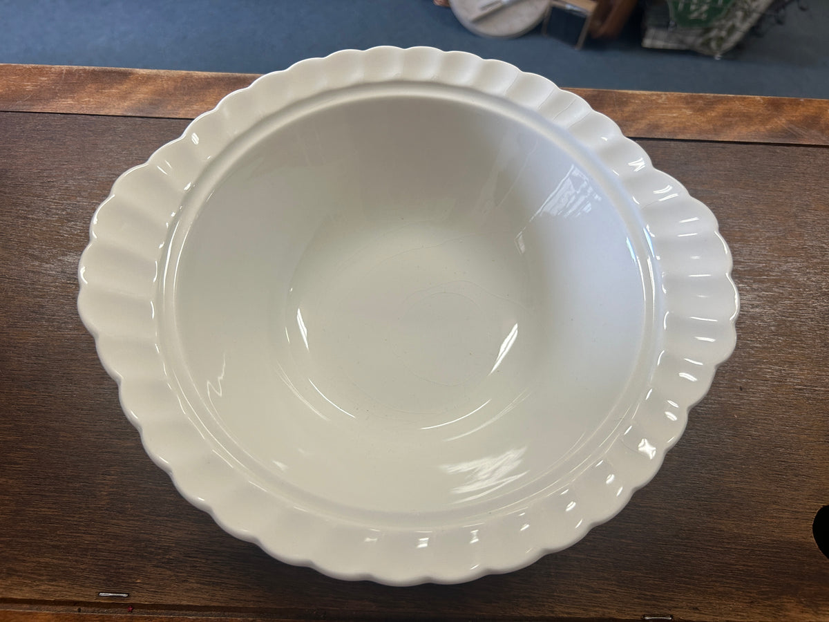 White Johnson Bros handled bowl with scalloped rim, front view