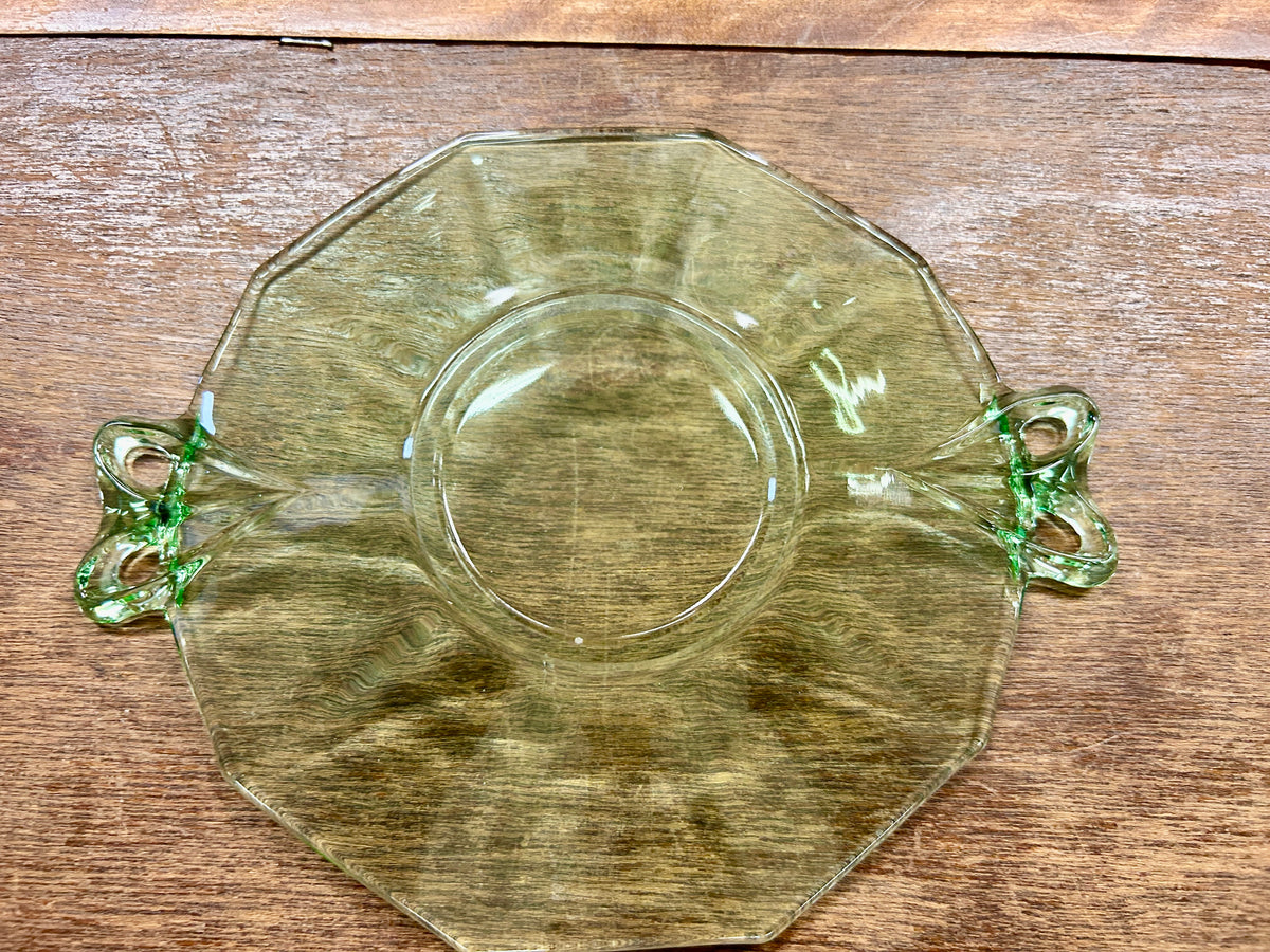 Green Fostoria Uranium Bow Handles Bowl, 8 1/4"