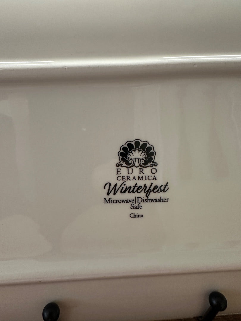 Euro Ceramica Winterfest logo on white rectangular ceramic platter