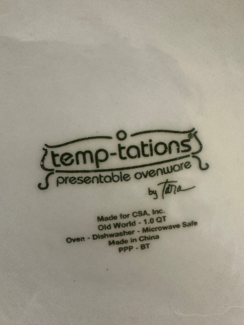 Temp-tations underside label on baking dish, 1 qt, microwave safe