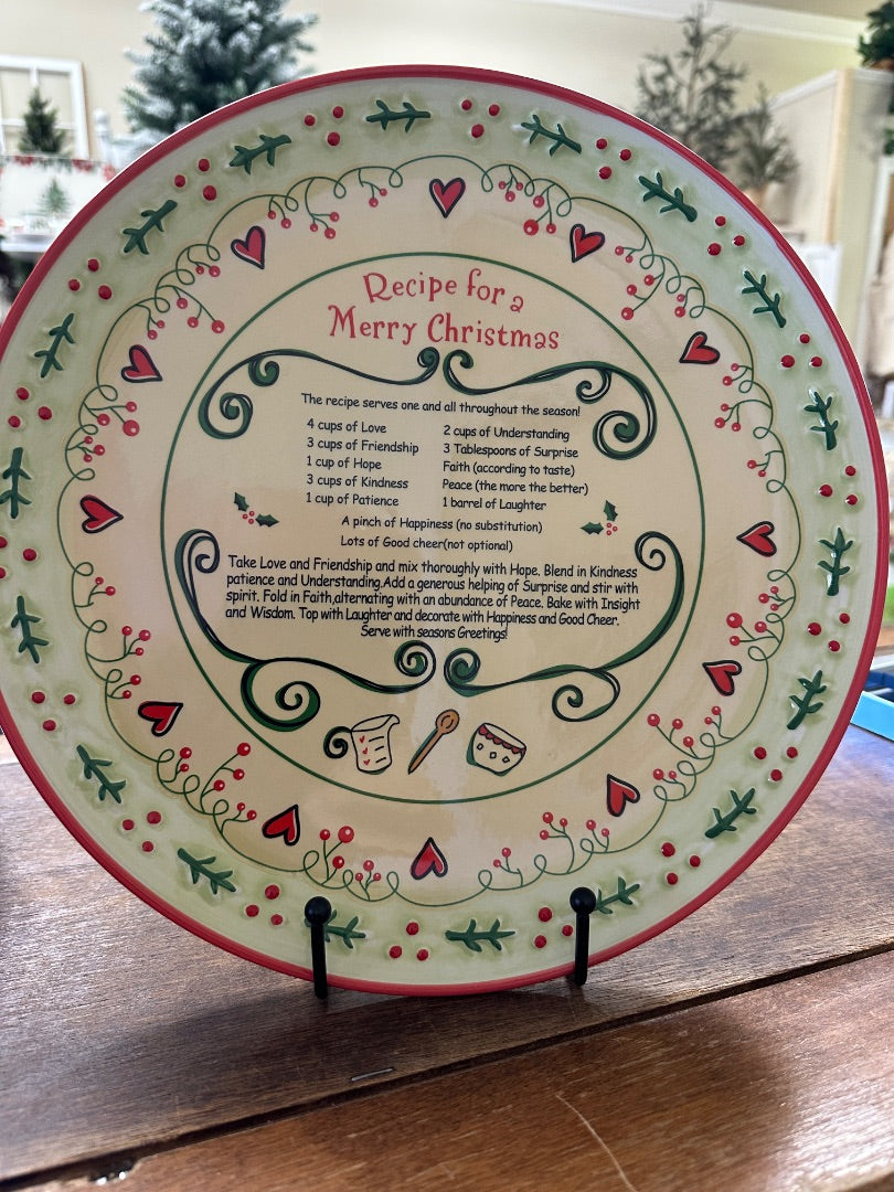 Christmas recipe platter with red border and green sprig pattern, front design with text