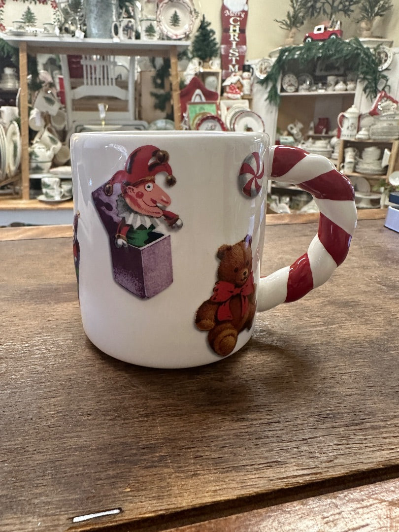 White Christmas mug with toy mouse gift print and red-striped handle