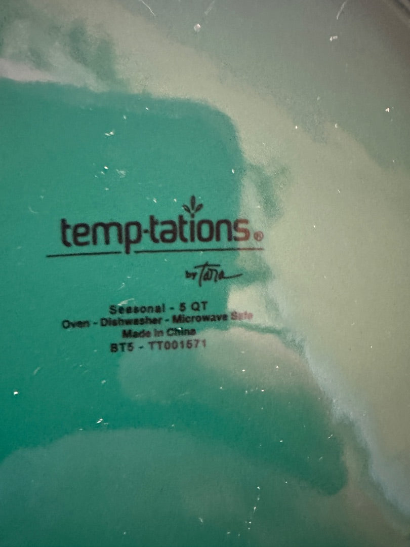 tempo-tations 5QT bowl underside label, oven and microwave safe text