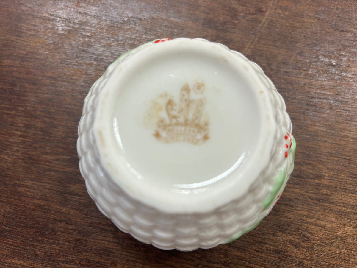Red Green White Belleek RARE Enchanted Holly Sugar Ireland, 2 1/4"