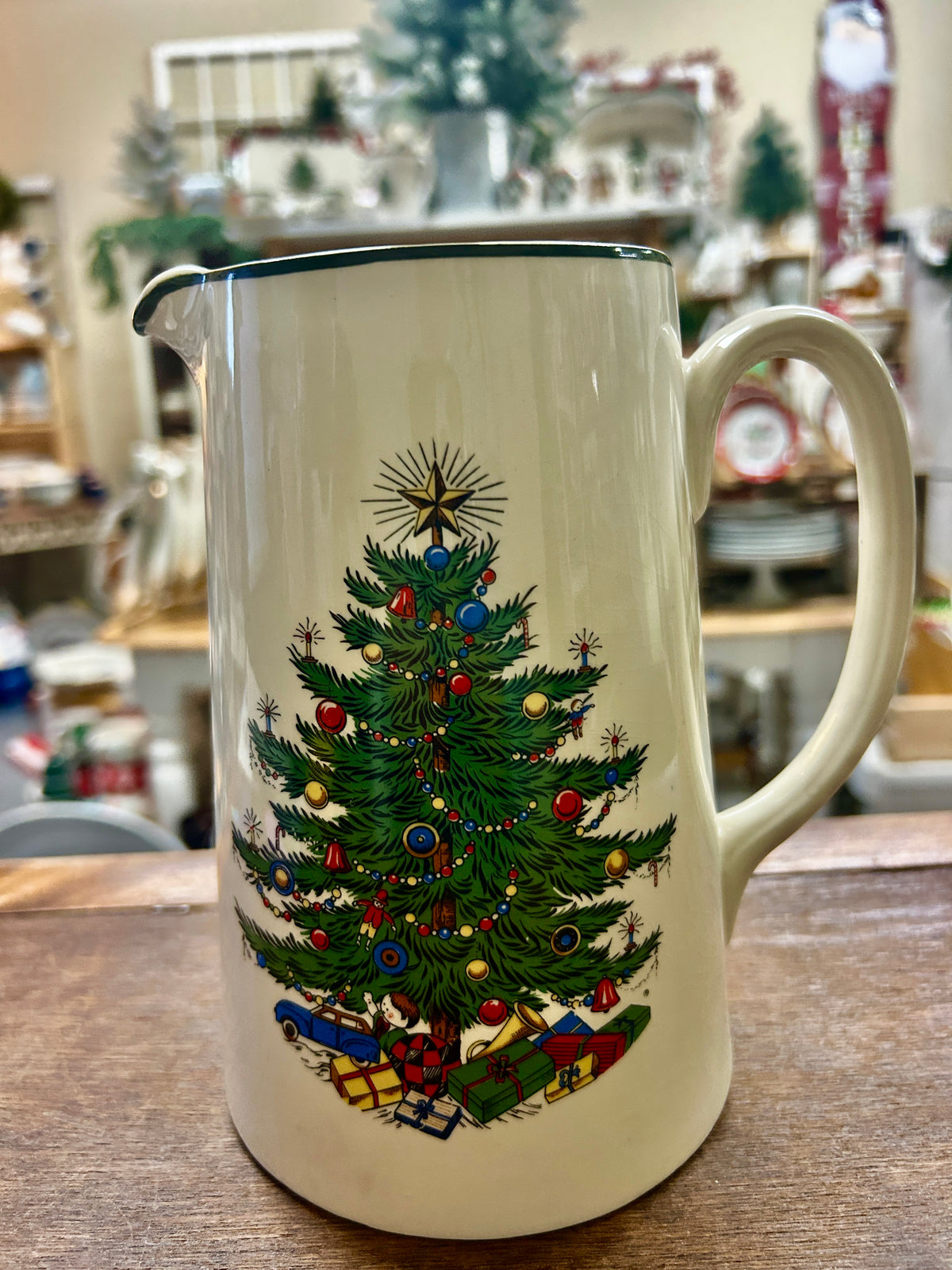 Red Green White Cuthbertson Christmas Tree Pitcher England, 7 1/4"
