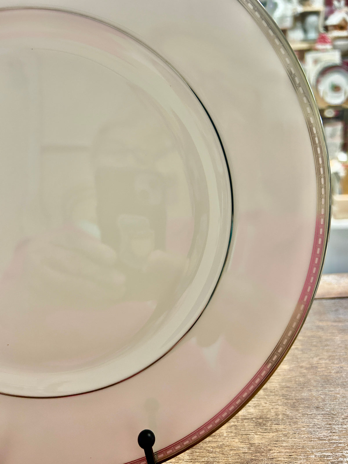 White dinner plate edge detail with silver-toned rim and red-brown border line