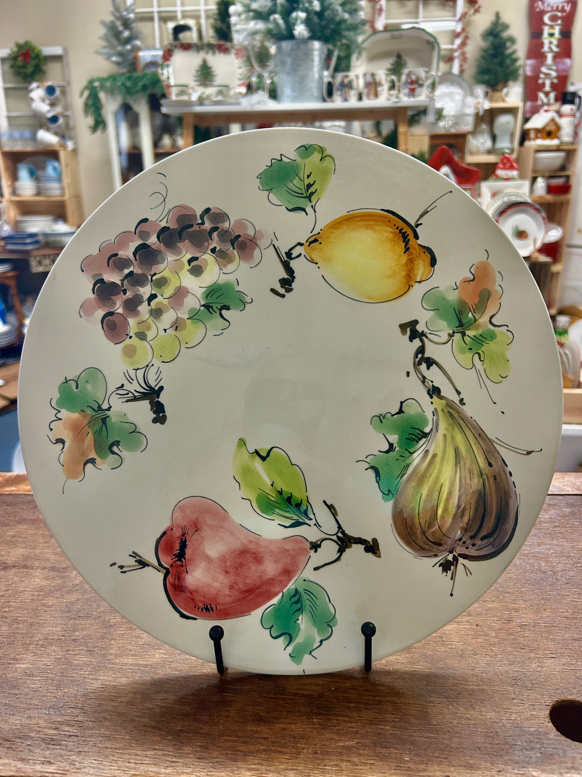 12-inch fruit footed platter with multicolor produce illustrations and two display feet
