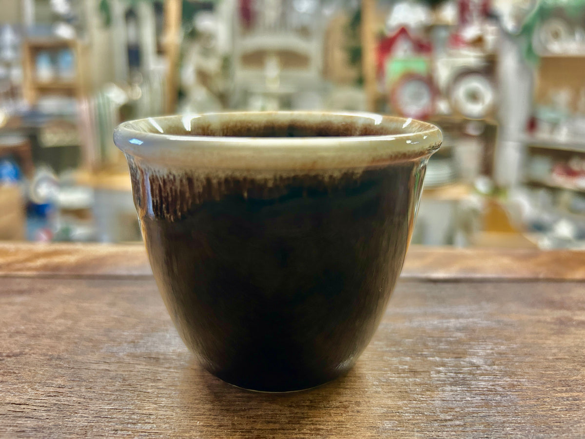 Pfaltzgraff drip-style custard cup with dark brown glazed interior and flared rim