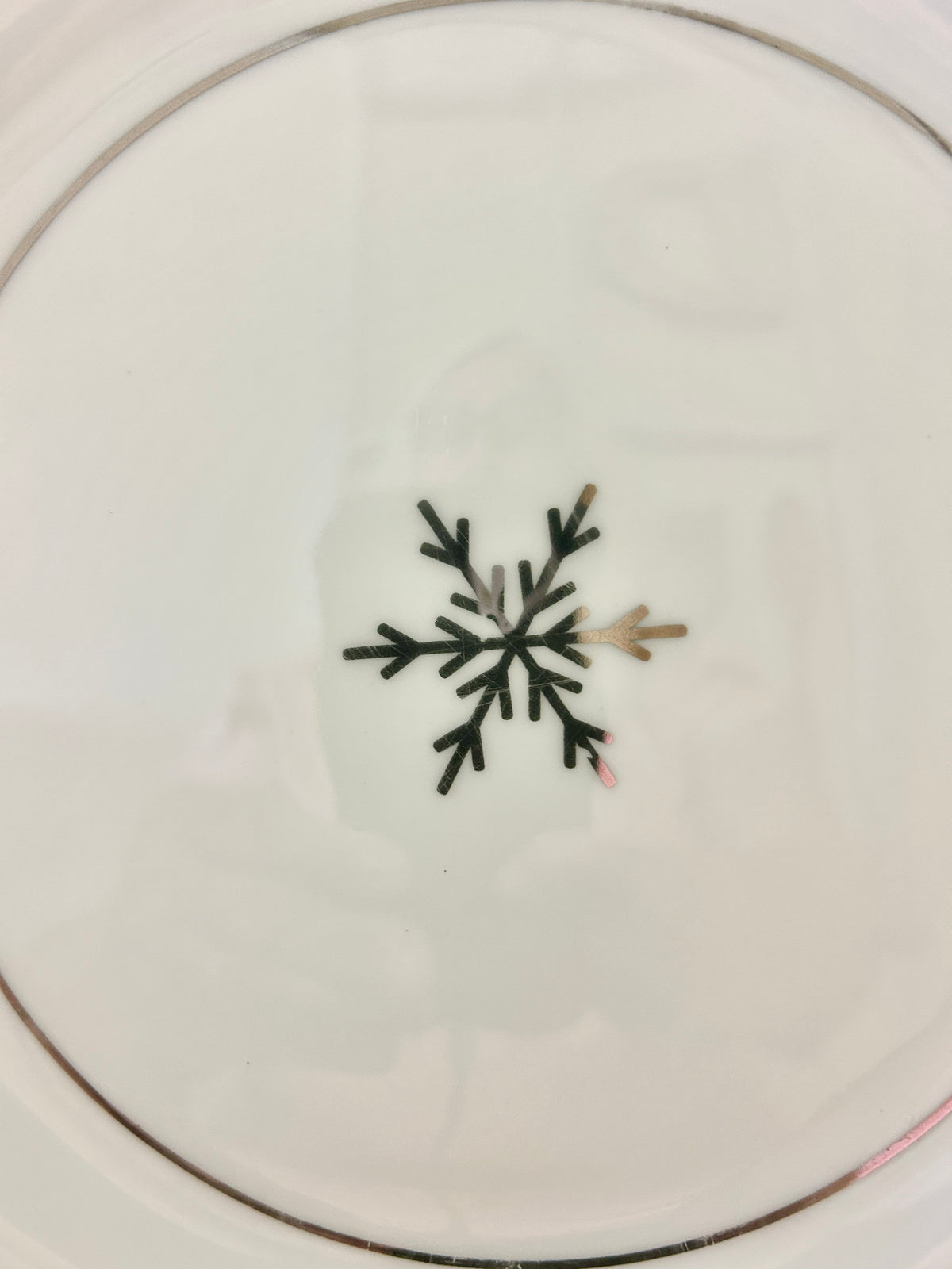 White dinner plate with centered black snowflake design and dark inner ring