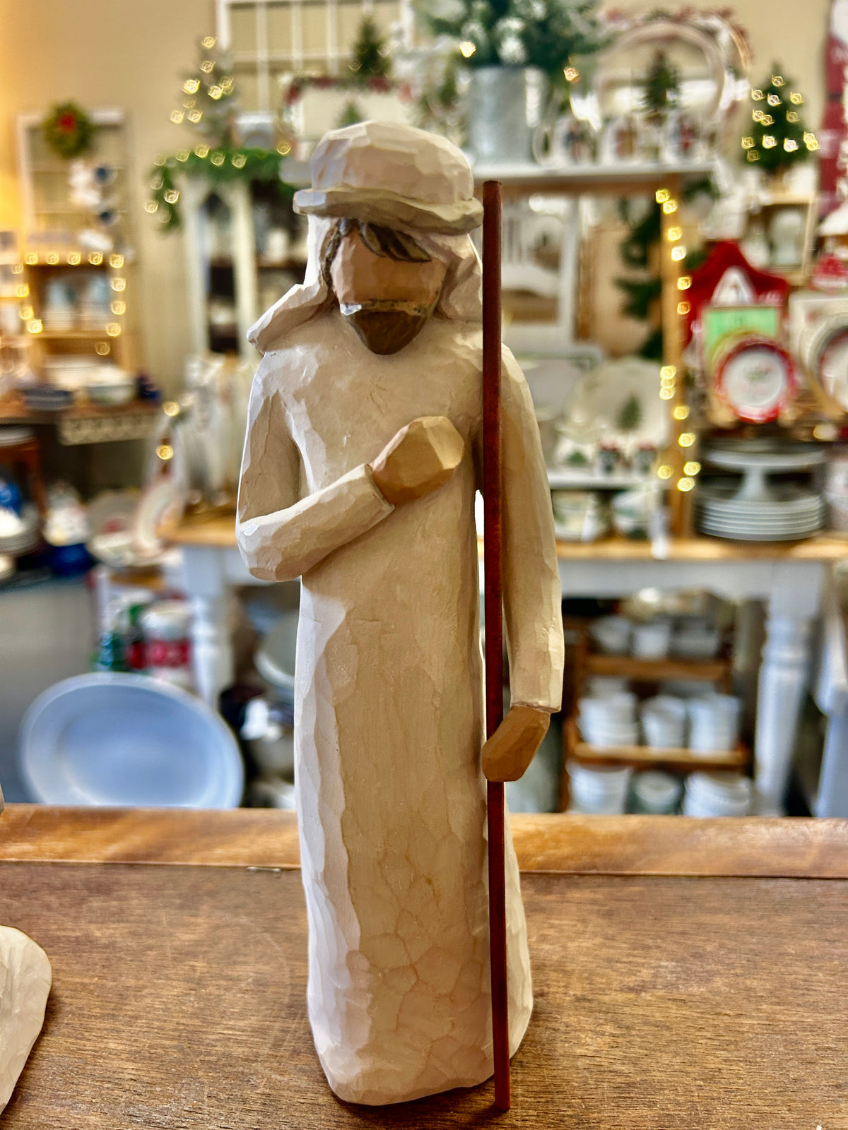 Cream Mary nativity figurine holding baby, hand-carved wood with brown robe details
