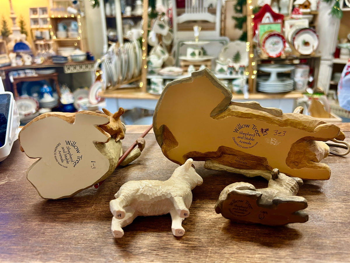 Cream stable animal set showing backs with printed Willow Tree labels
