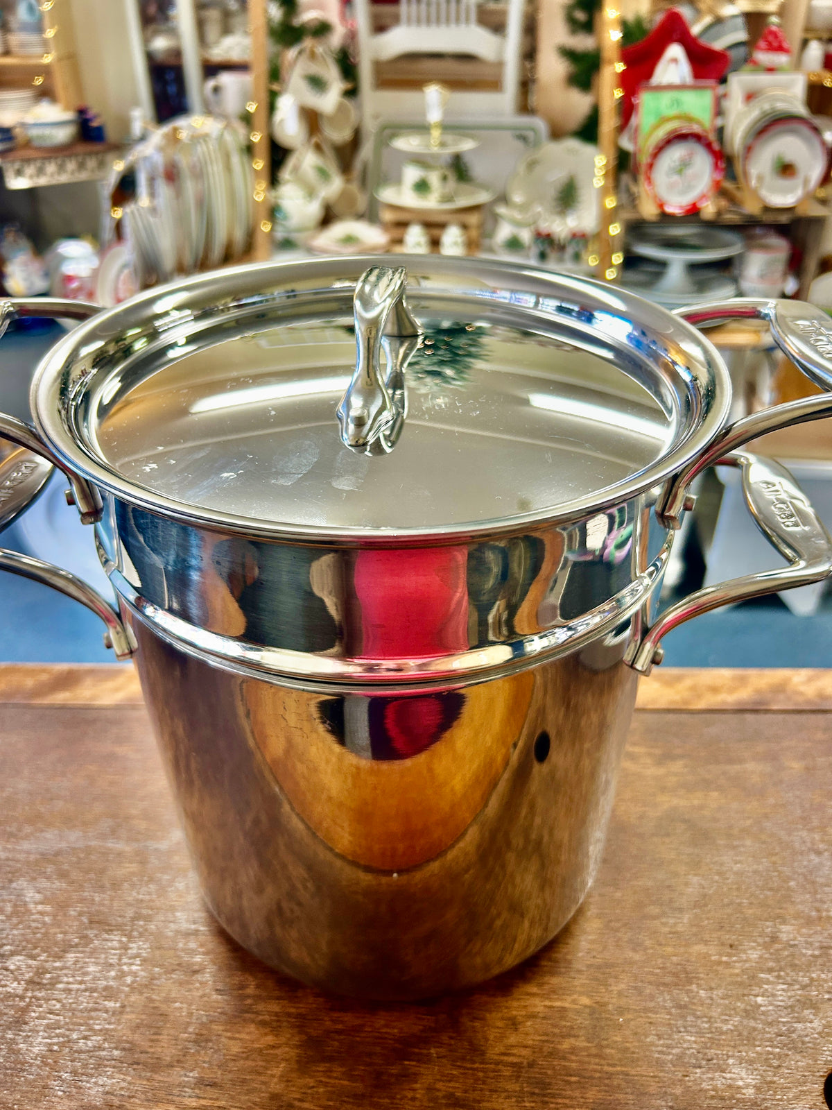 Silver All Clad 7 QT Stock Pot, Strainer, & Lid, 7 QT