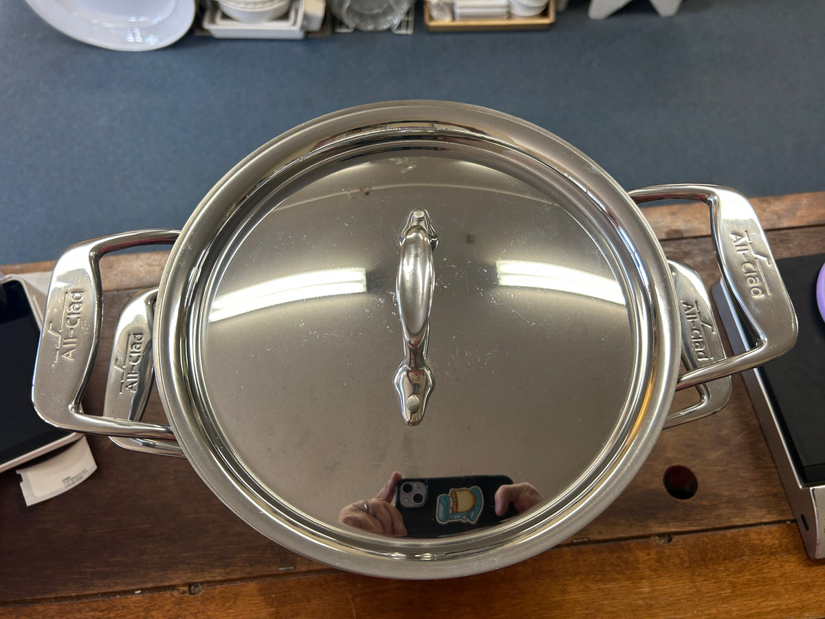 Silver All Clad 7 QT Stock Pot, Strainer, & Lid, 7 QT