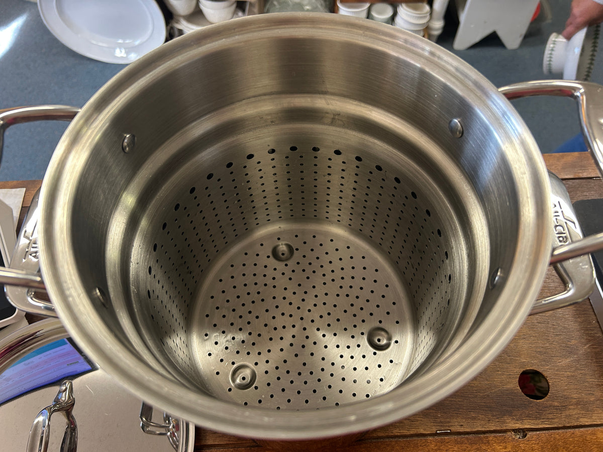 Silver All Clad 7 QT Stock Pot, Strainer, & Lid, 7 QT