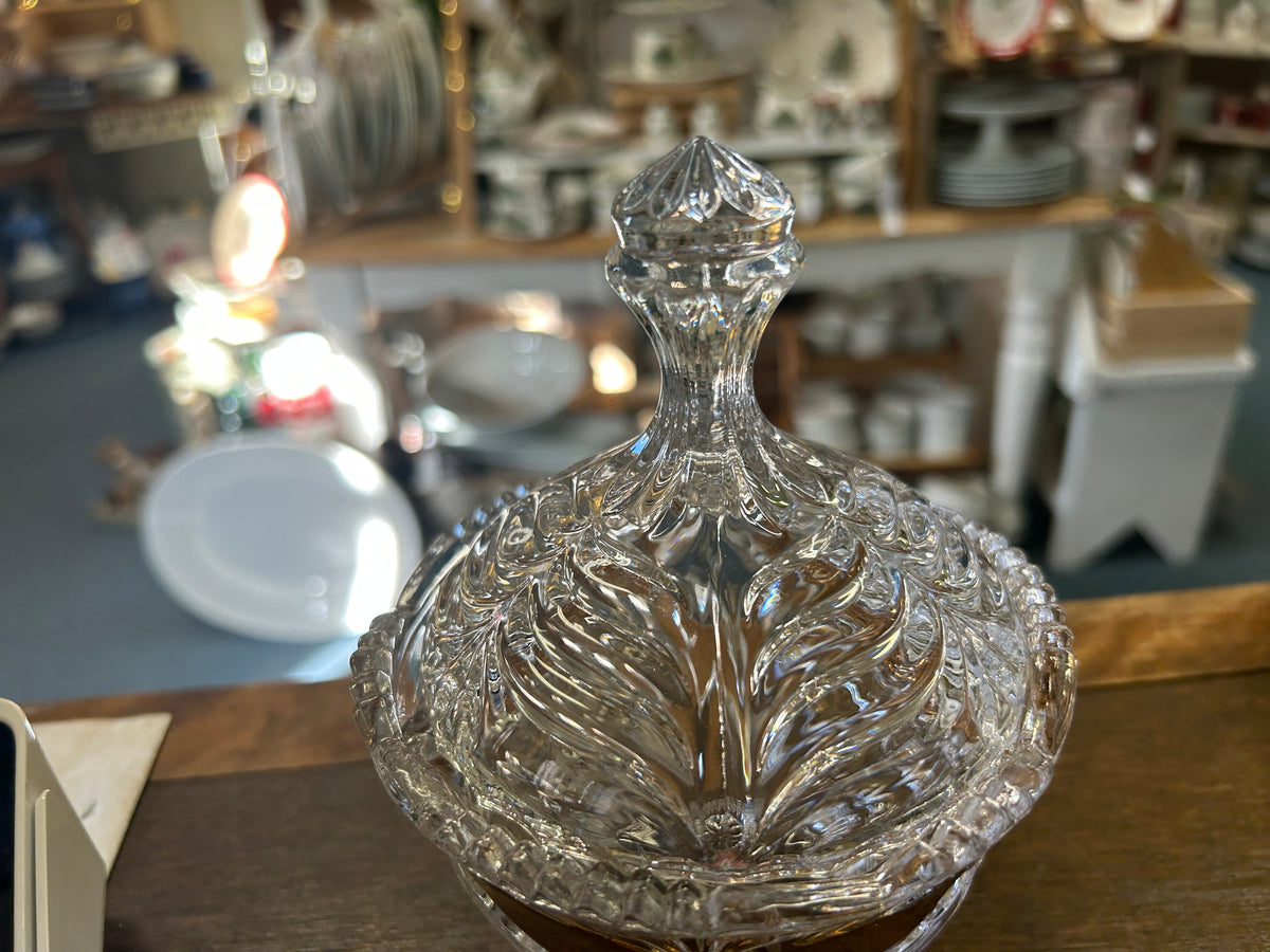 Clear Anna Hutte Bleikristall Lead Crystal Gold Jar w/ Lid, 6 1/2"
