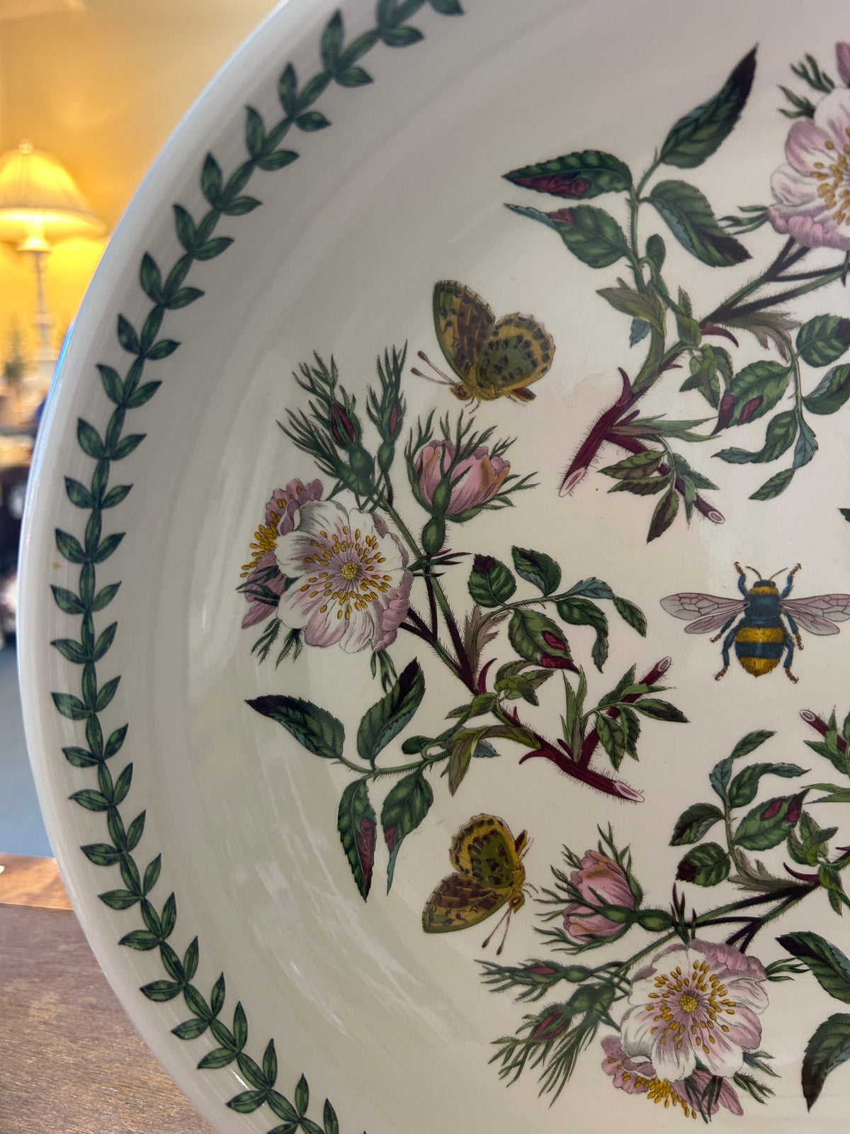Botanic Garden serving bowl close-up: butterflies, flowers, and green vine rim