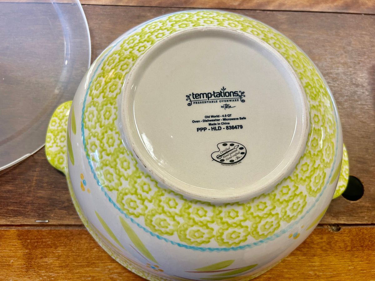 4 QT ceramic bowl with green floral pattern and temp-tations base logo