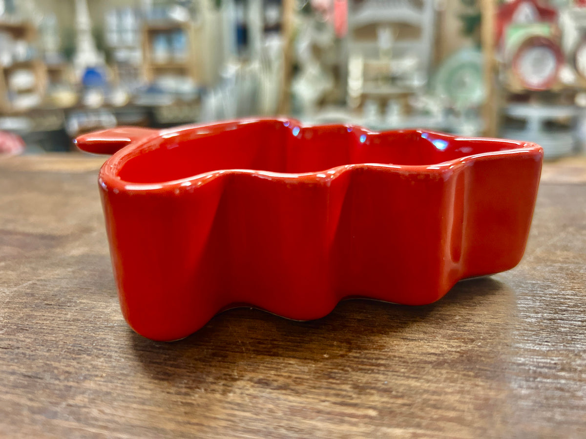 Red ceramic tree-shaped serving bowl with glossy finish, side view