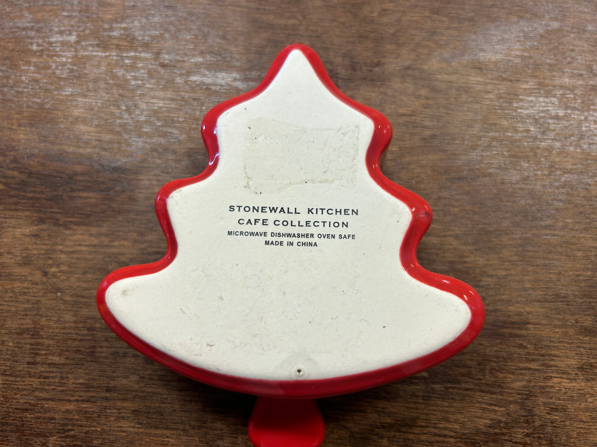 Tree-shaped bowl bottom marked Stonewall Kitchen Cafe Collection, red rim and foot