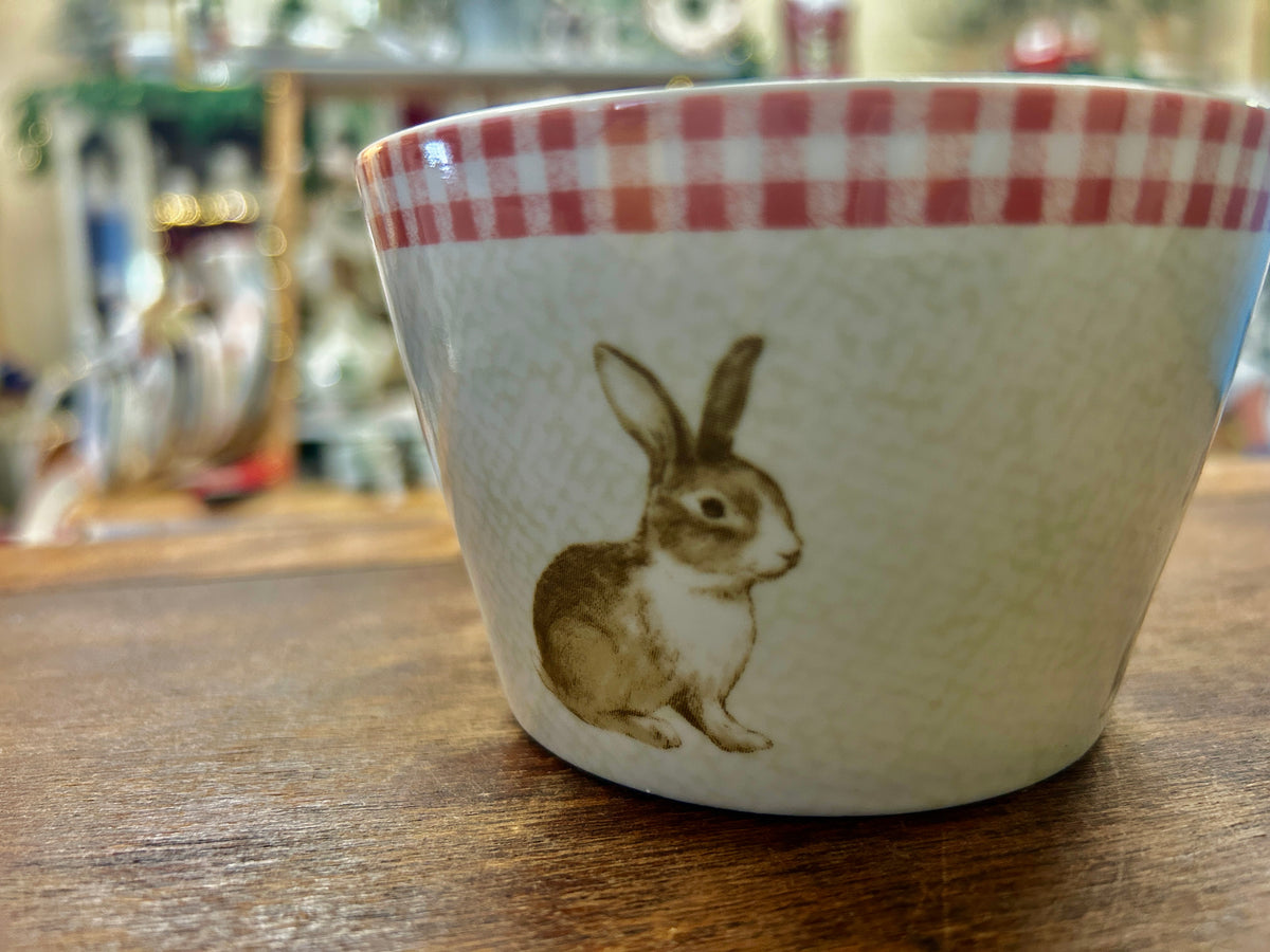 Pink and white ceramic bowl with red gingham rim and large seated bunny illustration