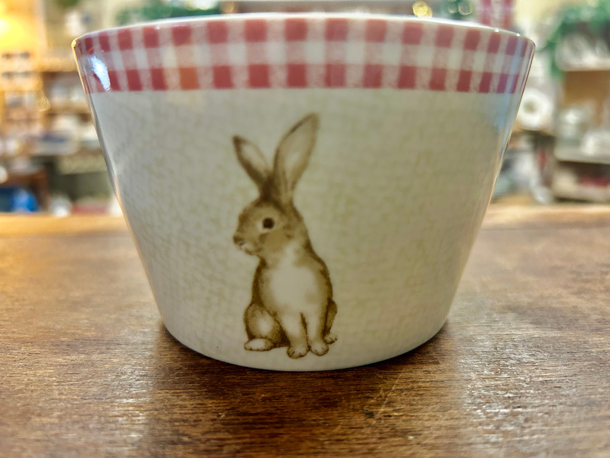 Pink and white ceramic bowl with red gingham rim and crouching bunny rabbit graphic