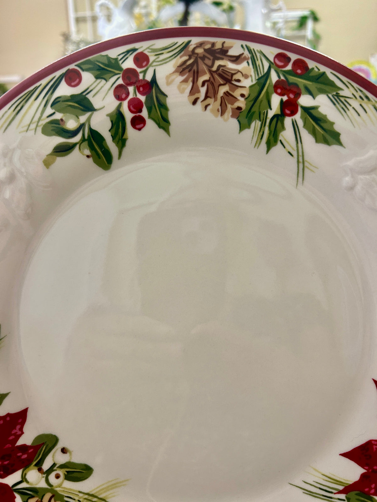 White holiday plate with embossed floral pattern and red-green border