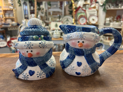Blue & White  Snowman Sugar & Creamer, 5"