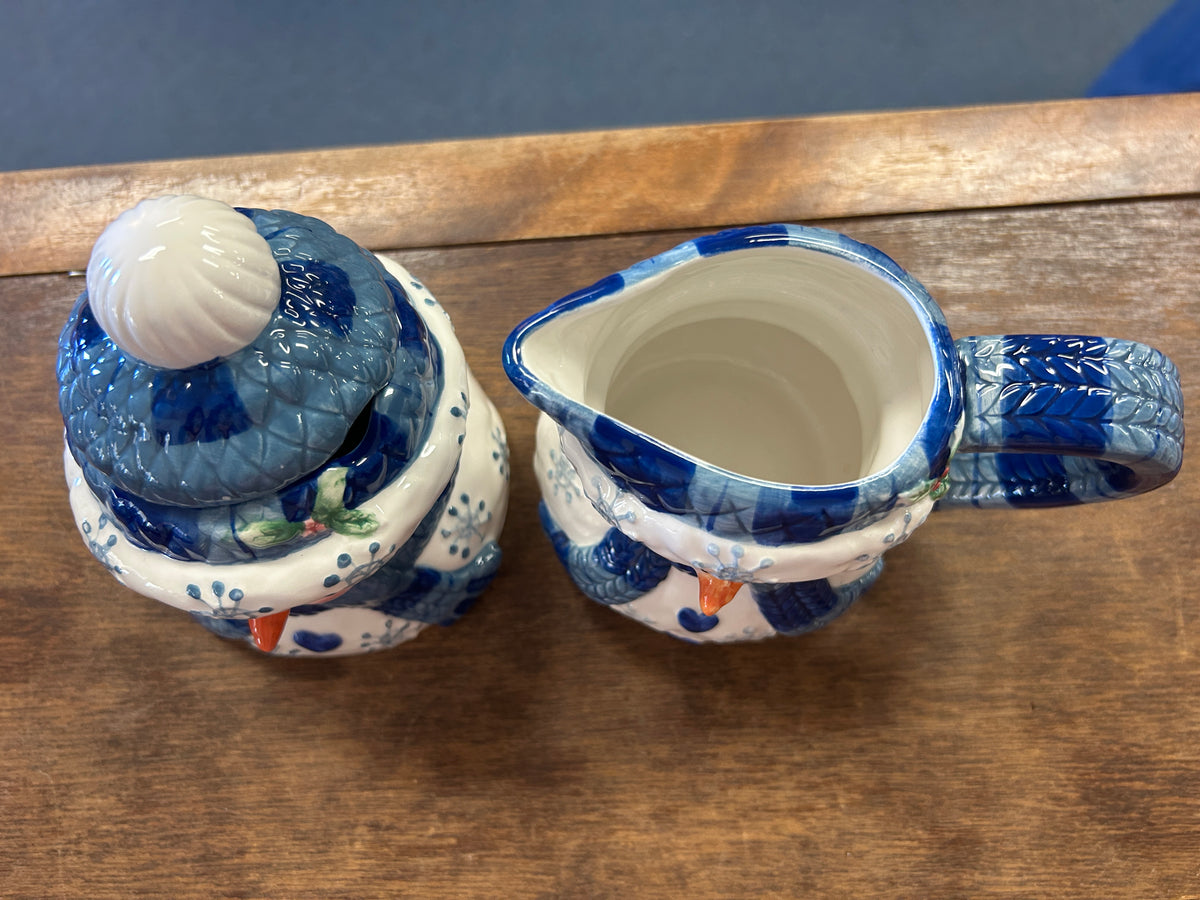 Blue & White  Snowman Sugar & Creamer, 5"