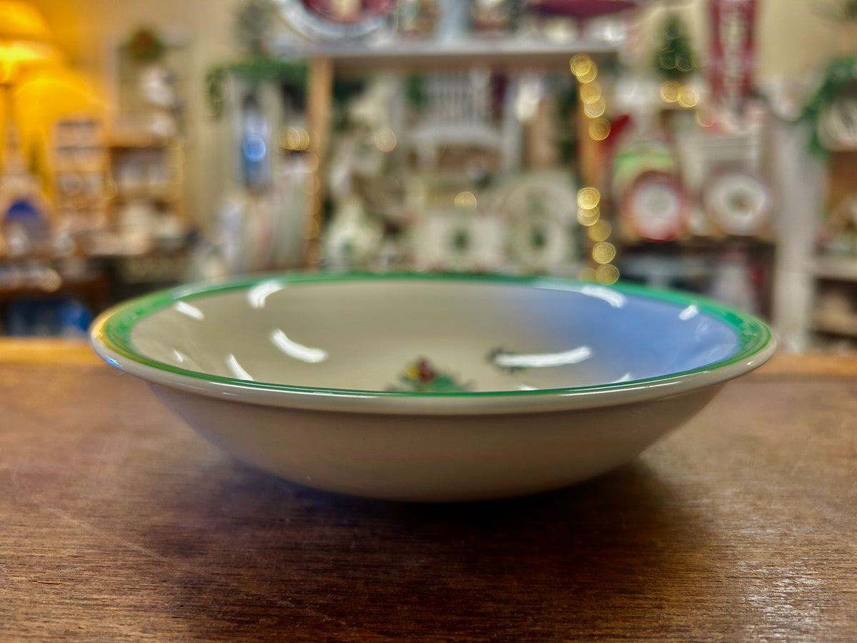 Spode Christmas tree bowl, white with green rim and holiday tree pattern